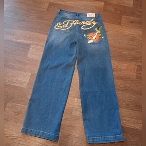 Ed Hardy embroidered wide leg high waist jeans 90s stretch moto sz 30